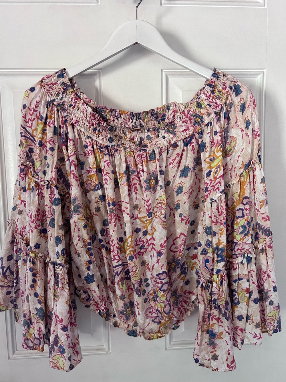 Free People Pink Multi Floral Off-Shoulder Peasant Blouse